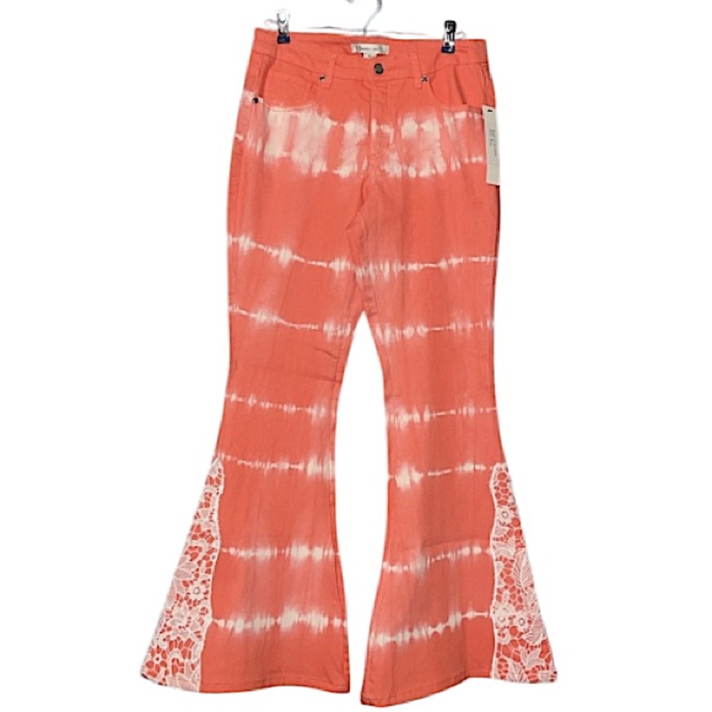 Gemma + Jane orange tie dye lace bell bottom jeans